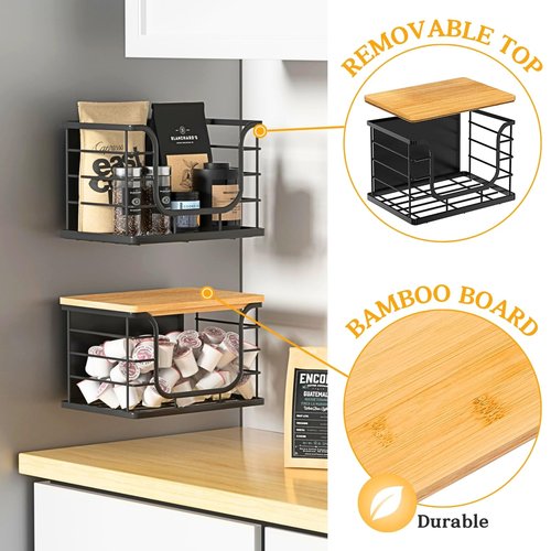 Magnetic Shelf for Fridge Trash Bag Organizer, 2 Pack Stackable Garbage Bag Holder with Bamboo Lid, Magnetic Storage Bin for Refrigerator, Under Sink, Kitchen, Pantry, Small Space Organization – Black