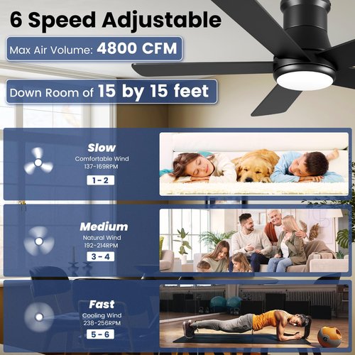 Autoday 42 Inch Ceiling Fans with Lights and Remote - Black Ceiling Fan with Light Low Profile, Flush Mount Indoor Outdoor Ceiling Fans for Patios Bedroom, 6 Speeds Reversible Quiet DC, 3CCT Dimmable
