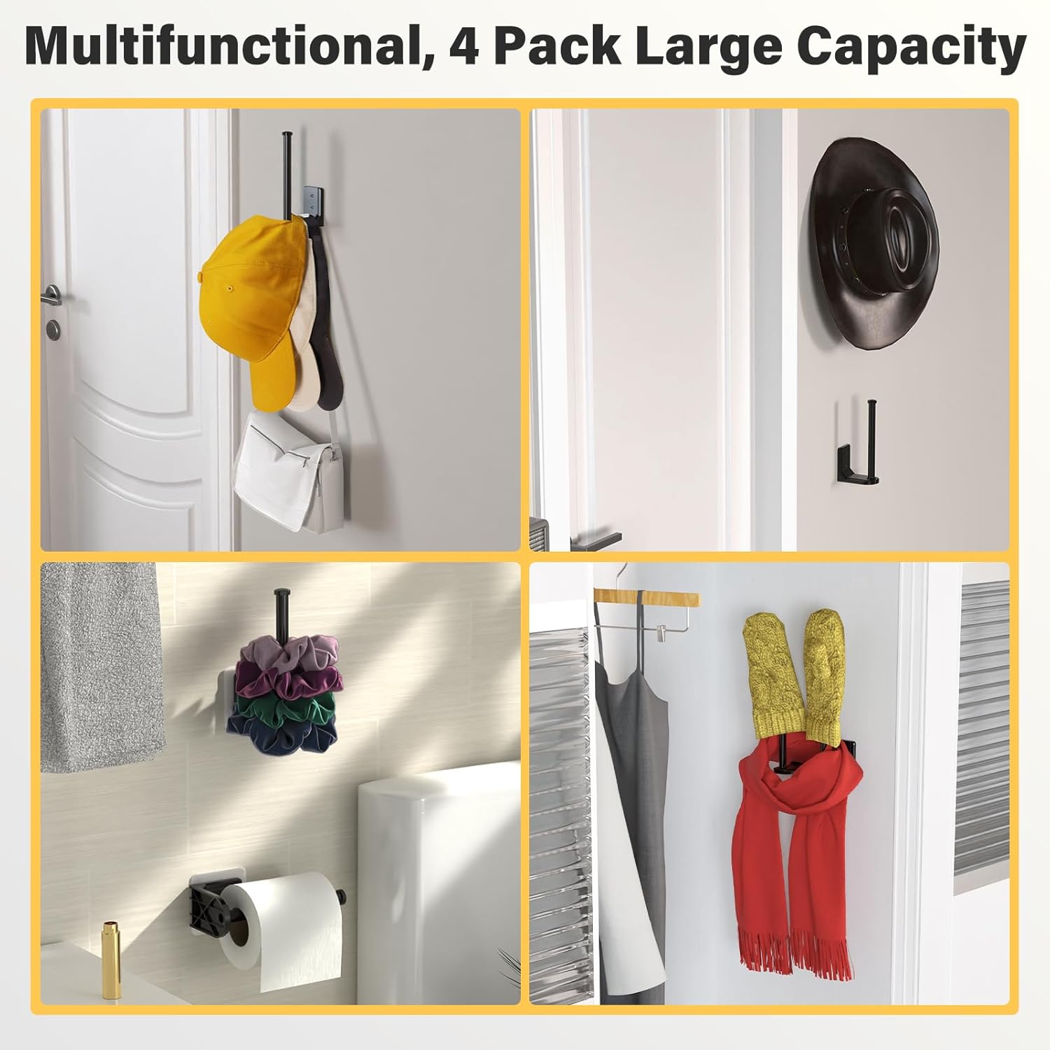 Skiennix Adhesive Hat Hooks - 4 Pack Wall-Mounted Hat Rack for Baseball Cap Storage | Black