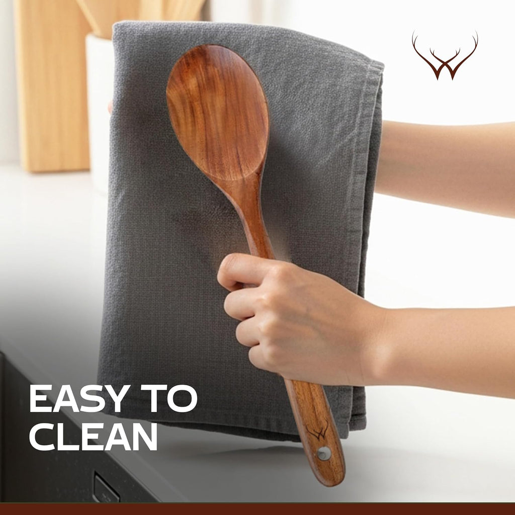 Premium Teak Wooden Spoon - 12" Long Handle Cooking Utensil with Spoon Rest | Perfect Kitchen Gift