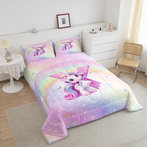 Rainbow Unicorn Comforter Set Twin,Purple Unicorn Kids Bedding Sets for Girls Alphabet Monogram X Bedding for Teens Children Adults Bedroom Decor All Season,Lovely Gradient Glitter Bed Duvet,Pink