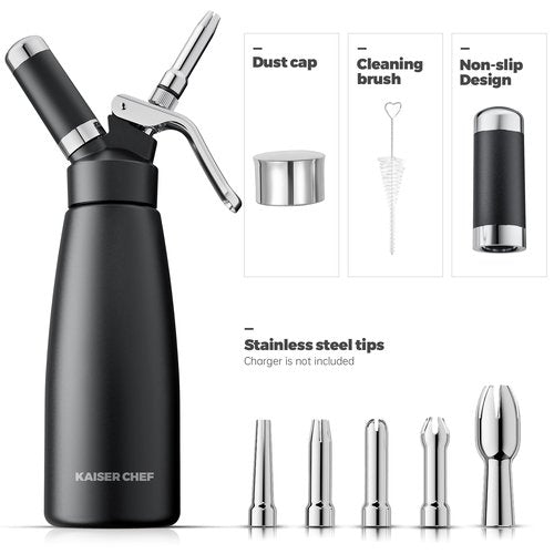 Professional Aluminum Whipped Cream Dispenser - 500 mL/1 Pint,Leak-Free Whipped Cream Maker Canister with 5 Decorating Nozzles & Cleaning Brush - for Desserts, Coffee Foam & Cold Foam (Black, 500ml)