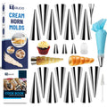Tuauoe Cream Horn Molds for Baking, 23pcs Horn Forms Set, Non-stick Stainless Steel 15pcs Cone Shaped with Cleaning Brush, Piping Tip, Piping Bag, for ice Cream Cones, Puff Pastry, Baking Cones