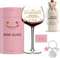 2026 Retirement Gifts for Women, Personalized Art Words Red Wine Glass Set, Pink Gift Package with Goblet, Key Chain, Wine Bag, and Farewell Card for Retired Woman