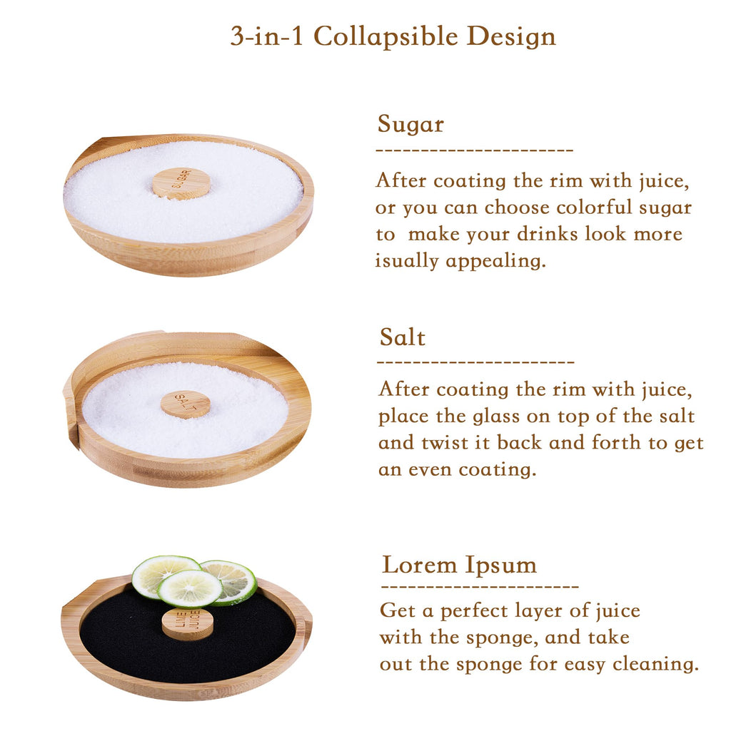 JUEGD Margarita Salt Rimmer Set, 3 Tier Bamboo Salt Rimmer, Party Bar Margarita Salt Rimmer, Bloody Mary Salt Rimmer for Cocktails, with Juice Sponges, Anti-Slip mats, and Screwdriver.