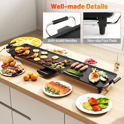 CLEEMAN 39.5” Electric Griddle, Nonstick Extra Large Teppanyaki Grill with Adjustable Temperature, Drip Pan & Insulated Handles, Easy-to-clean Pancake Griddle, BBQ Grill for Indoor & Party