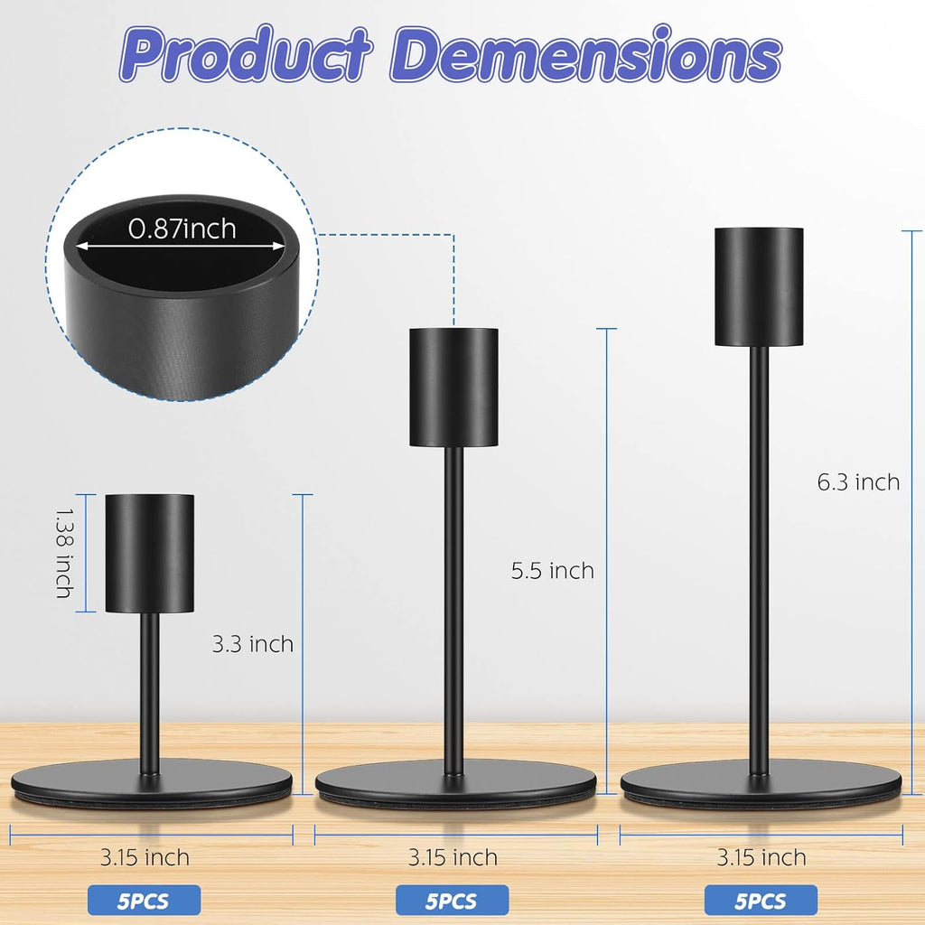 Sieral Candle Holders - Modern Metal Taper Candlesticks Set for Weddings & Home Decor | Matte Black, 15 Pcs