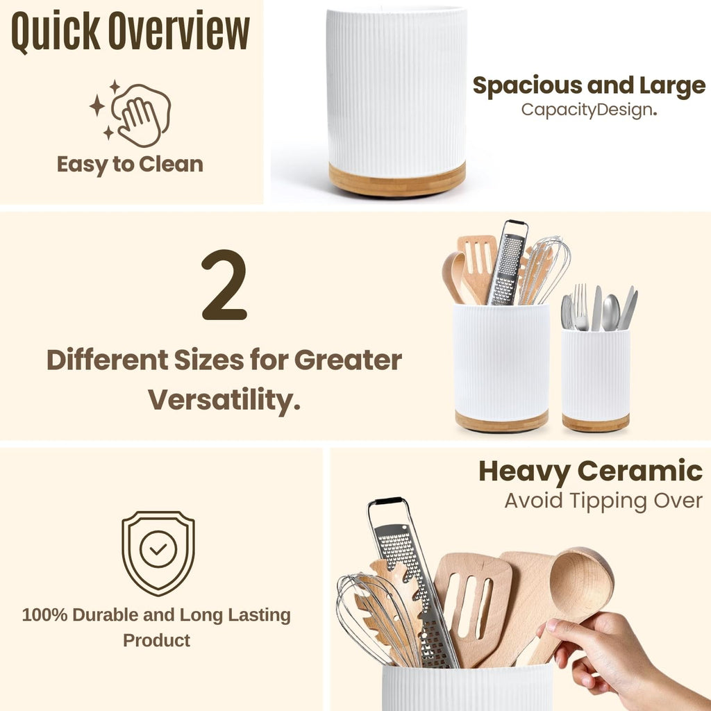 NURTURE KNOTS 2 Pack Ceramic Utensil Holder, 7.3"+5.4" Large kitchen utensils holder for Countertop, 360° Rotating Cooking Utensil Crock for Kitchen Counter with Detachable Wooden Base, Kitchen Décor