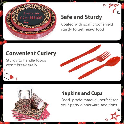 Red Cheetah Print Birthday Party Decorations Plates Set 25 Guests,175pcs Plates Napkins Cups Cutlery Set, Y2K Cherry Leopard Print for Girls Night Big Mama Women
