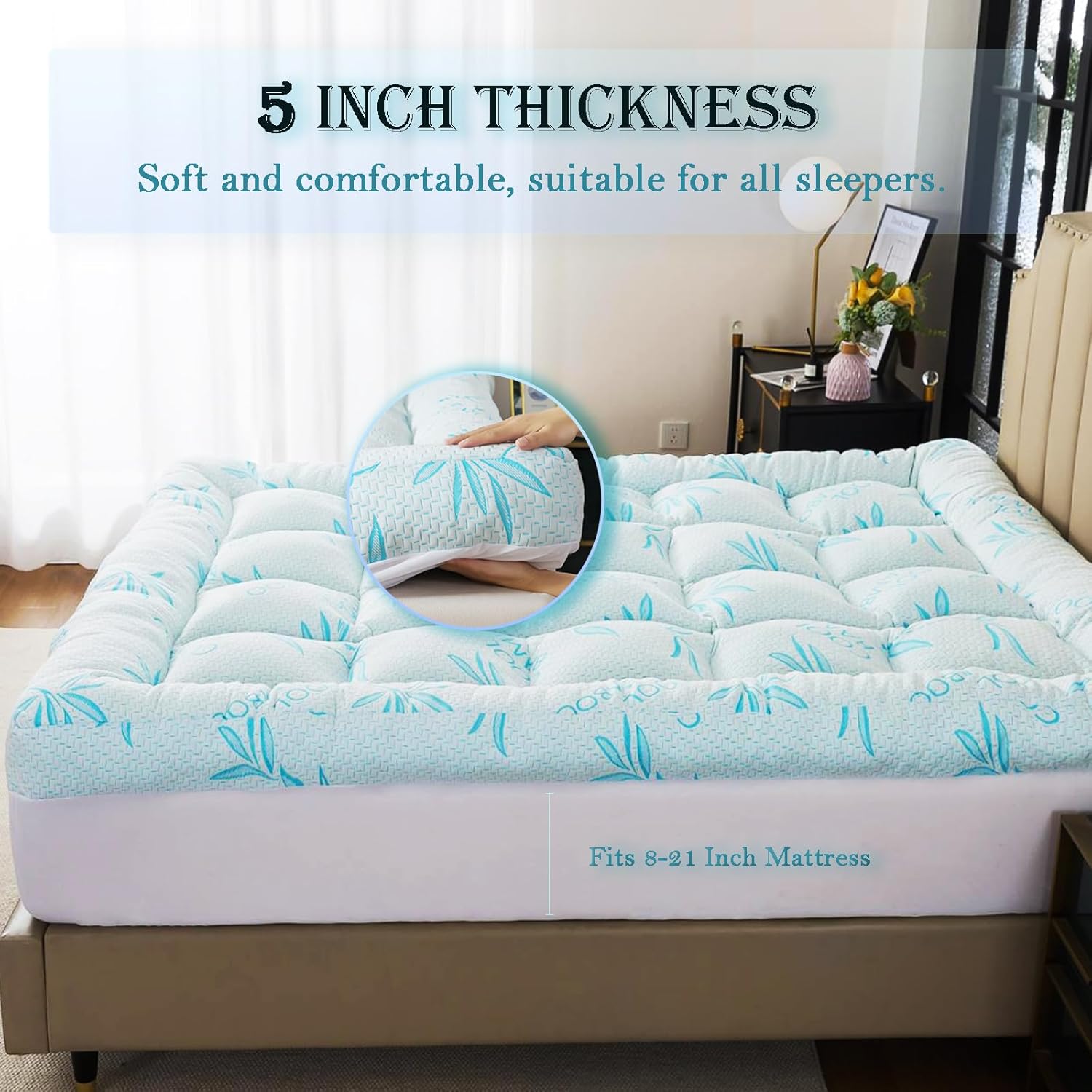 WhatsBedding 5-Inch Full Mattress Topper - Breathable Bamboo Viscose & Memory Foam | Blue Color
