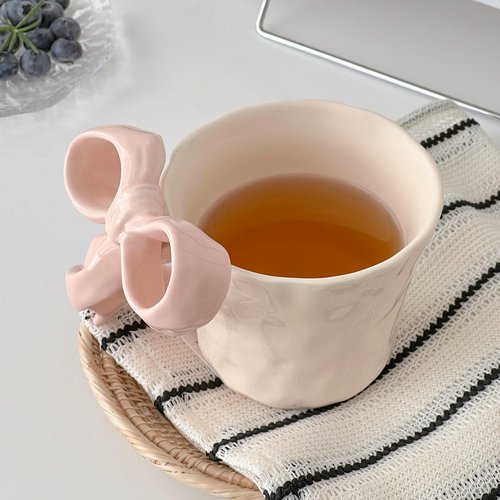 Movlen Pink Ceramic Coffee Mug with Bow Handle, Cute Girly Cup for 14oz, Handmade Kawaii Soup Mug for Latte Tea Milk Cocoa, Pretty Birthday Valentine Gifts for Women and Girls