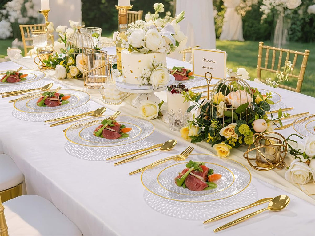 Rubtlamp Clear Plastic Plates - 60 Pcs Heavy-Duty Disposable Plates with Gold Rim | 30 Dinner & 30 Dessert Plates for Weddings & Parties