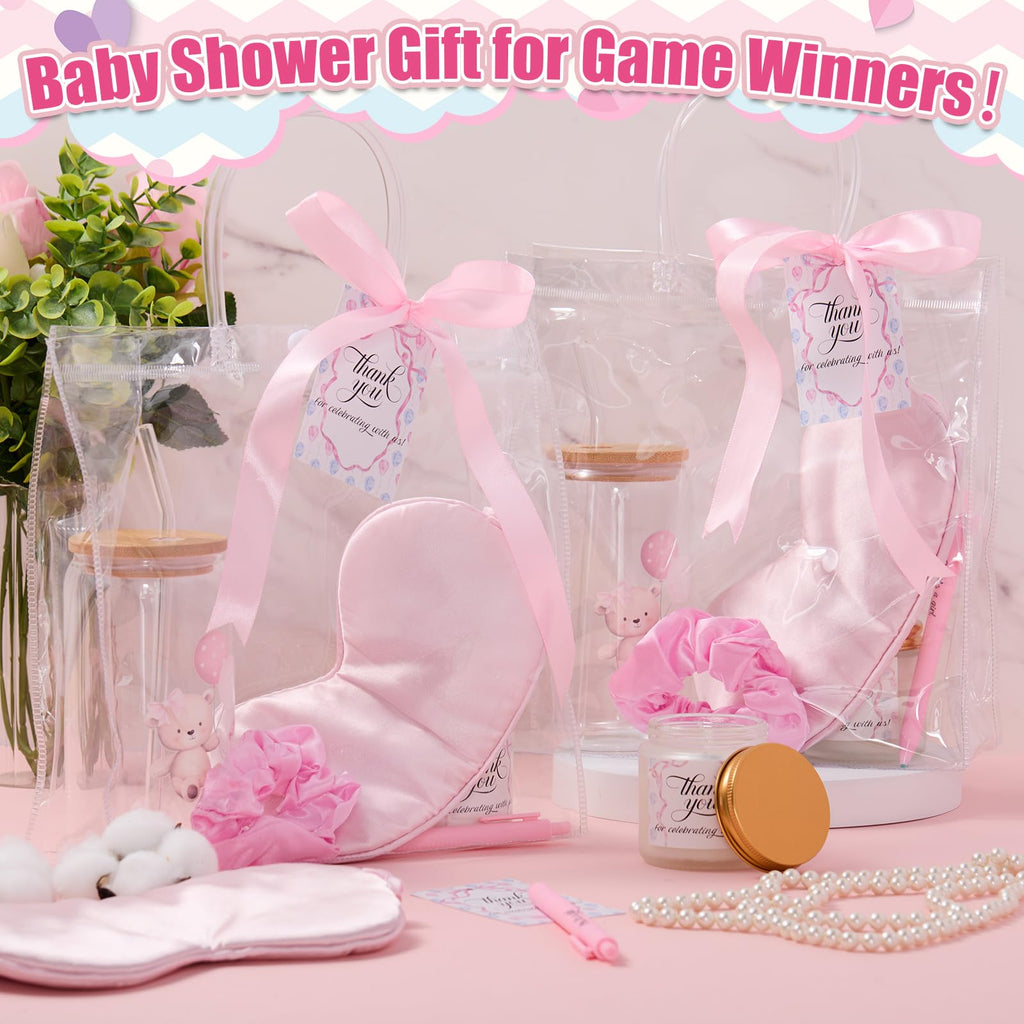 Reallnaive 43 Pcs Baby Shower Prizes for Player Winner Wedding Bridal Shower Favor Gifts Including Glass Cups Aromatherapy Candle Eye Mask Hair Band Greeting Card Pen Ribbon Gift Bag(Bear Style,Pink)
