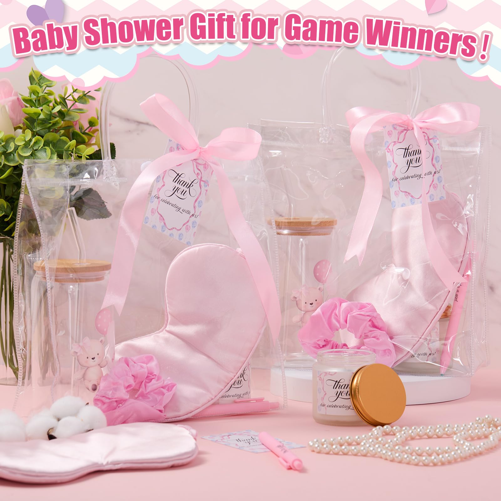 Reallnaive 43 Pcs Baby Shower Prizes for Player Winner Wedding Bridal Shower Favor Gifts Including Glass Cups Aromatherapy Candle Eye Mask Hair Band Greeting Card Pen Ribbon Gift Bag(Bear Style,Pink)