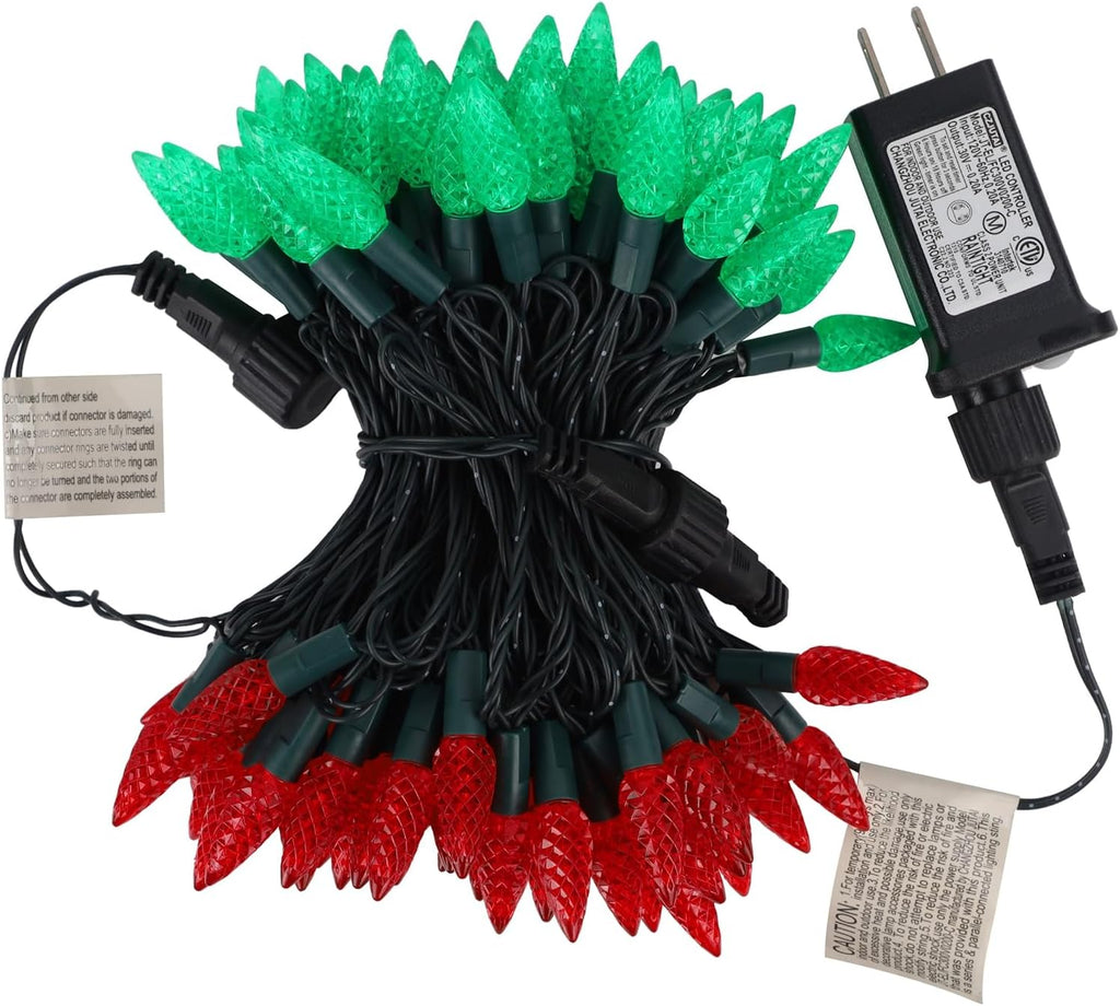 WATERGLIDE C6 100 LED Christmas String Lights - 33ft Waterproof Fairy Lights for Indoor/Outdoor Decor | Red & Green