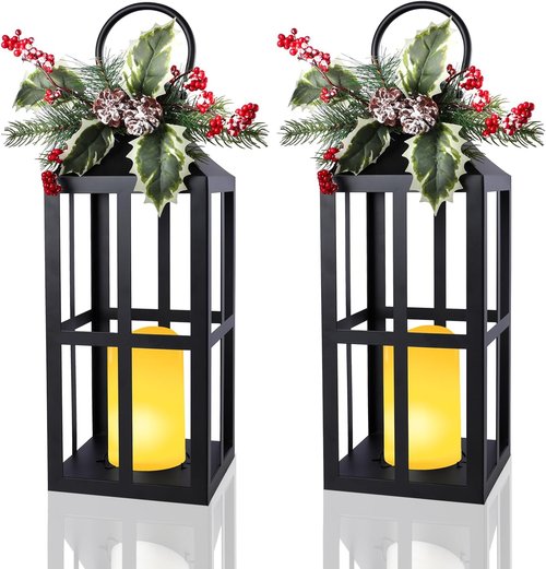 Bdor Christmas Lantern Decoration - 2 Pack with LED Flameless Candle, Pinecones & Holly Berries | Holiday Tabletop & Porch Decor