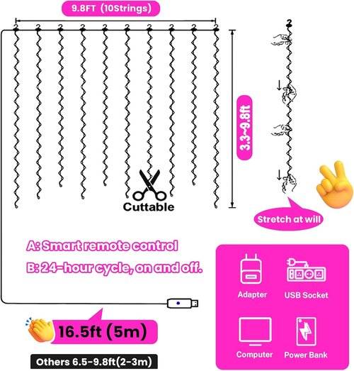 HXWEIYE 300LED Fairy Curtain Lights - 9.8x9.8Ft USB Plug-In with Remote | 8 Modes for Bedroom & Wedding Decor - Pink