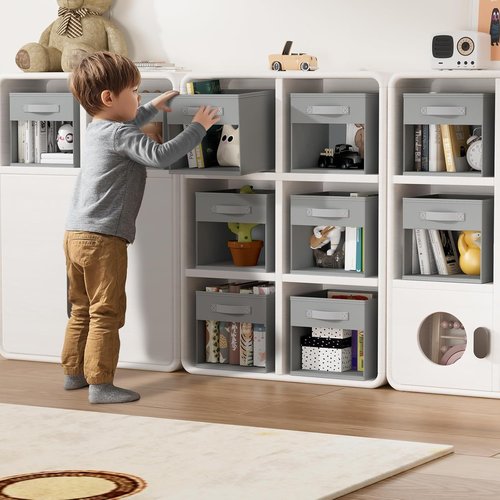 DIMJ Storage Cubes - 11x11 Inch Collapsible Storage Bins with Window - 6 Pack Grey Organizers for Clothes, Toys, and Books