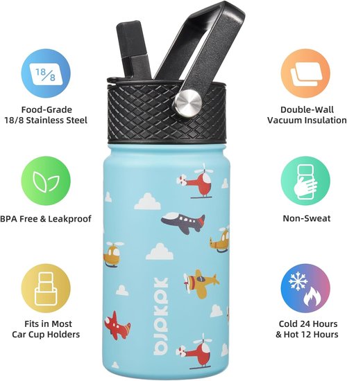 BJPKPK Insulated Water Bottle - 15 oz Stainless Steel Flask with Straw Lid | Reusable & Leak Proof