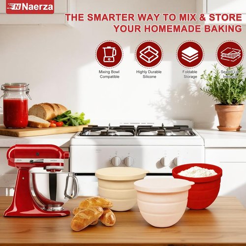 Naerza Silicone Bowl Insert for Kitchen Aid 5 Qt Tilt-Head - Patented Design Bowl Liner, 3pack with Lids, Resistant to collapse Thicker Bowl Insert, Foldable, Heat/Cold Resistant (Red*Beige*Beige)