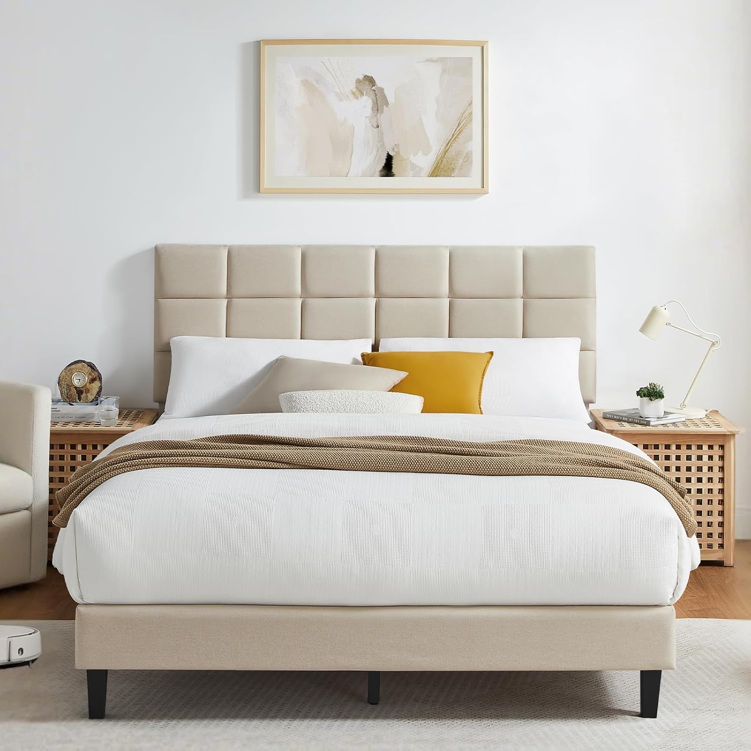 Susalt Queen Size Bed Frame - Upholstered Linen Headboard, Wooden Slats, Easy Assembly, 1000LBS Capacity | Beige