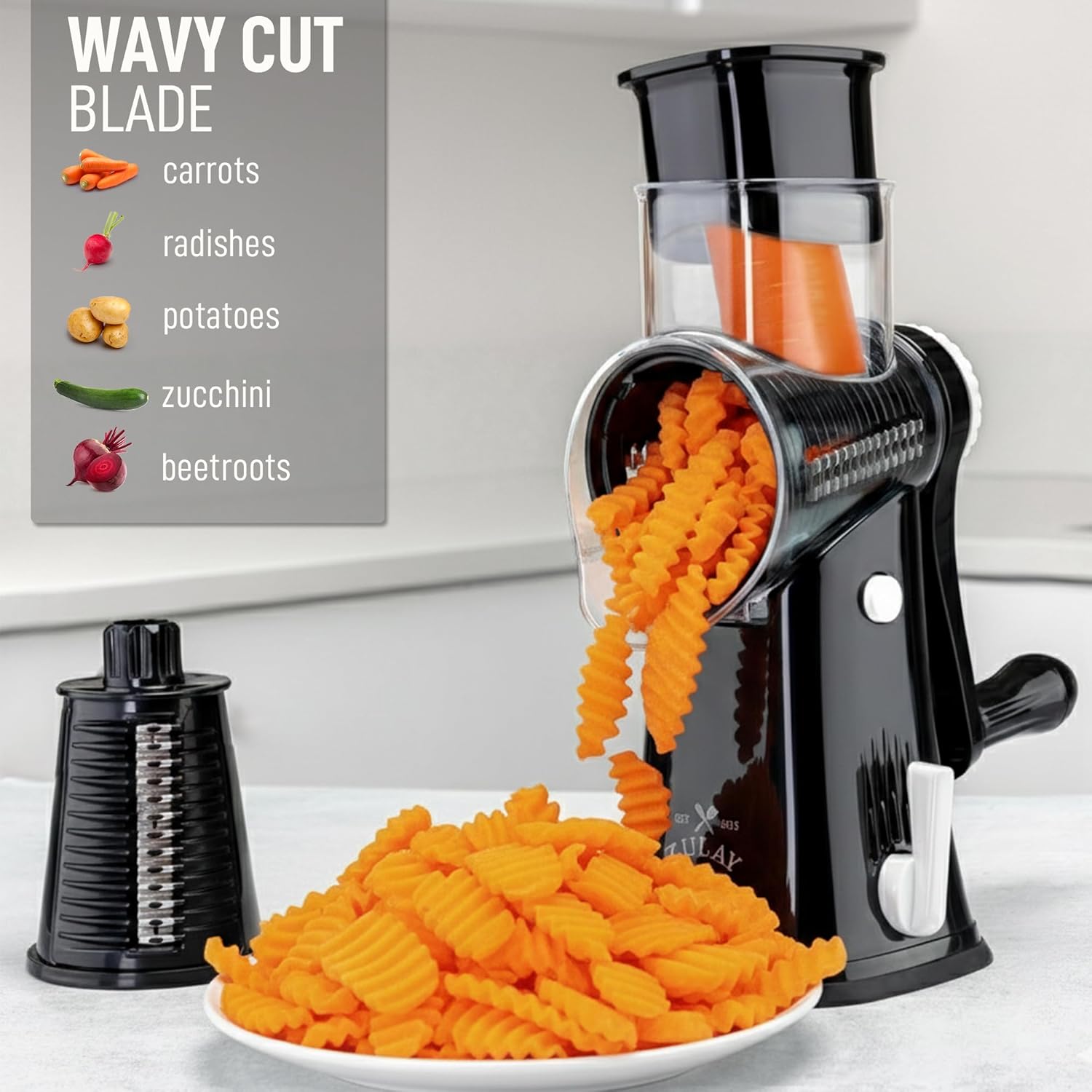 Zulay Kitchen Rotary Cheese Grater - 5 Blade Manual Cheese Shredder with Suction Base & Interchangeable Drums