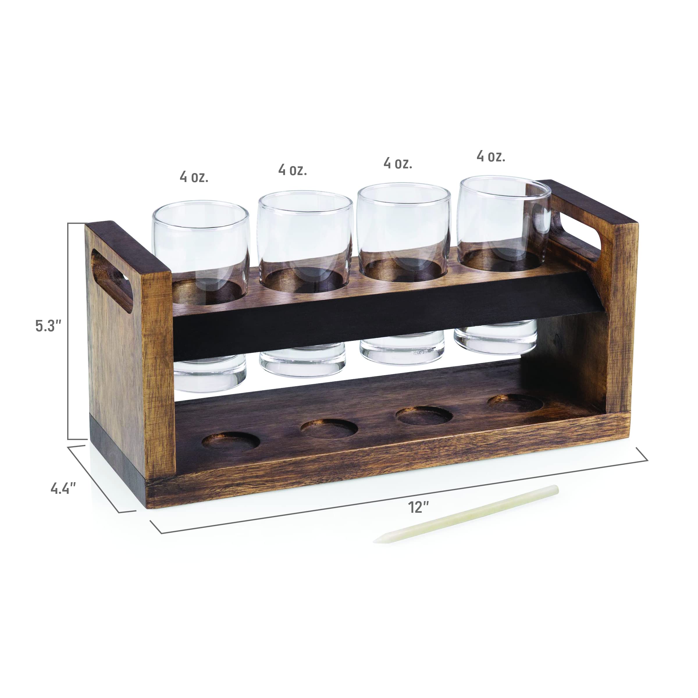 PICNIC TIME Craft Beer Flight Beverage Sampler, Beer Glasses Set, Gifts for Men, Bar Glasses Drinking Set with Carry Handles, Hollowed Areas, and Chalkboard Panel for Home and Bar, (Acacia Wood)