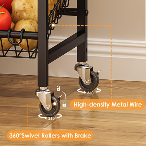 4-Tier Rolling Kitchen Storage Cart, Utility Kitchen Pantry Snack Organizer Cart with Wheels, Microwave Stand with Storage Shelf for Snack Fruit Vegetable Potato Onion, 6 Wire Basket and Wood Tabletop