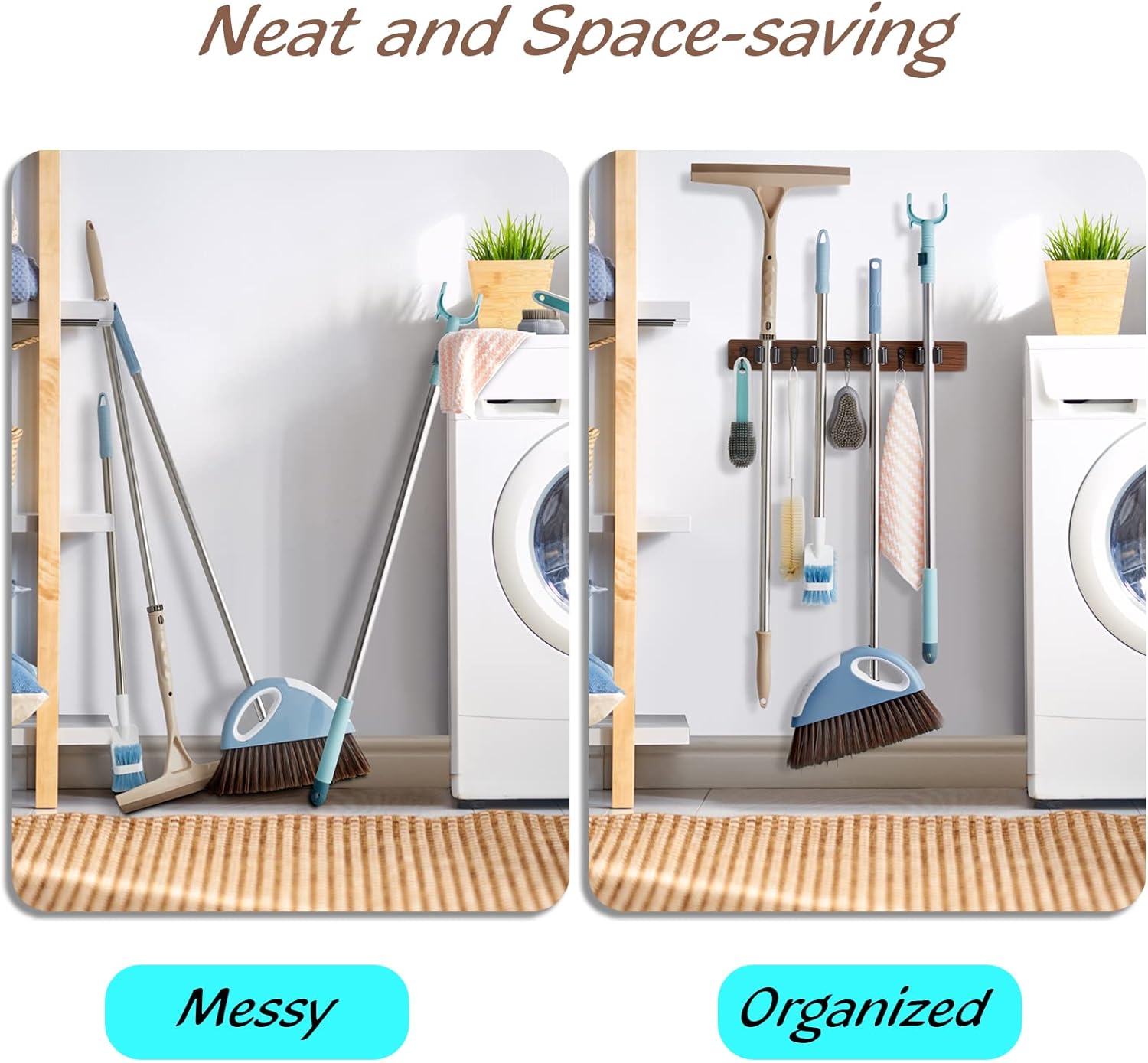 OUTNILI Mop and Broom Holder Wall Mount - Rustic Wood Organizer with 4 Slots & Hooks for Garage, Closet, Laundry Room