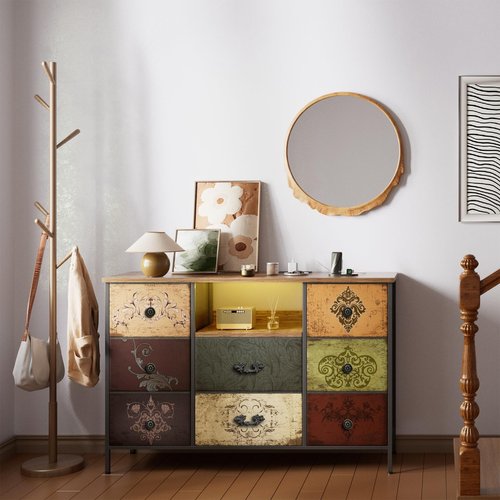 VASICAR Pattern Dresser with LED Lights and Power Outlets, Dresser TV Stand with 8 Drawers for 55" TV, Fabric Chest of Drawers for Bedroom, Living Room, Entryway
