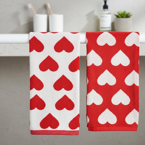 Sucrain 2Pcs Valentine’s Day Hand Towels Red White Hearts Cotton Bathroom Decorative Towels Set for Drying, Cleaning, Cooking, Holiday 13.8'' x 28.7''