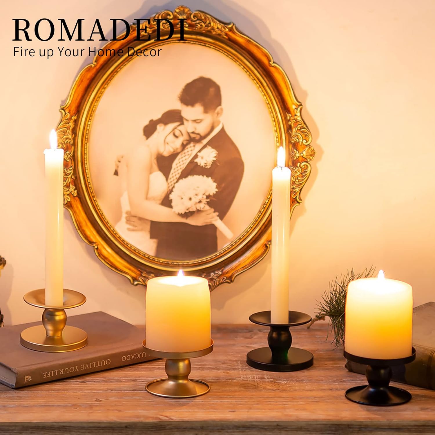 Romadedi Gold Candle Holders - Elegant Pillar & Taper Candle Sticks for Weddings | 4 Pcs Set