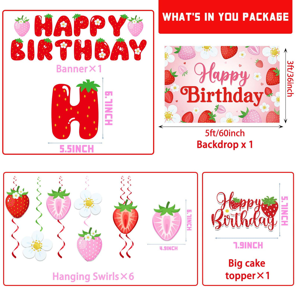 Strawberry Birthday Party Decorations with Strawberry Birthday Banner, Backdrop, Cake Topper, Balloons, Honeycombs, Hanging Swirls, Paper Fans & Pompoms