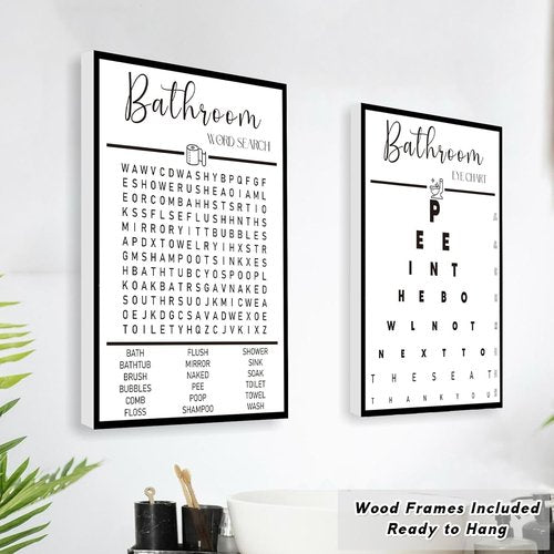 Framed Bathroom Wall Art by [Brand Name] - Funny Black and White Word Search Pee Eye Chart | 12x16 Inches, Set of 3
