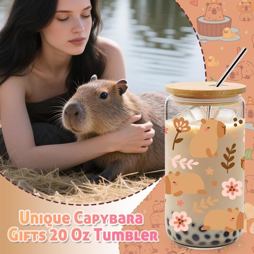 WOFIROY 10 Pieces Capybara Gifts for Women, Cute Capybara Stuff with 16 Oz Glass Cup Tote Bag Makeup Bag Socks Hairband Keychain Sticky Notes Earrings for Capybara Lover Birthday Christmas Gift