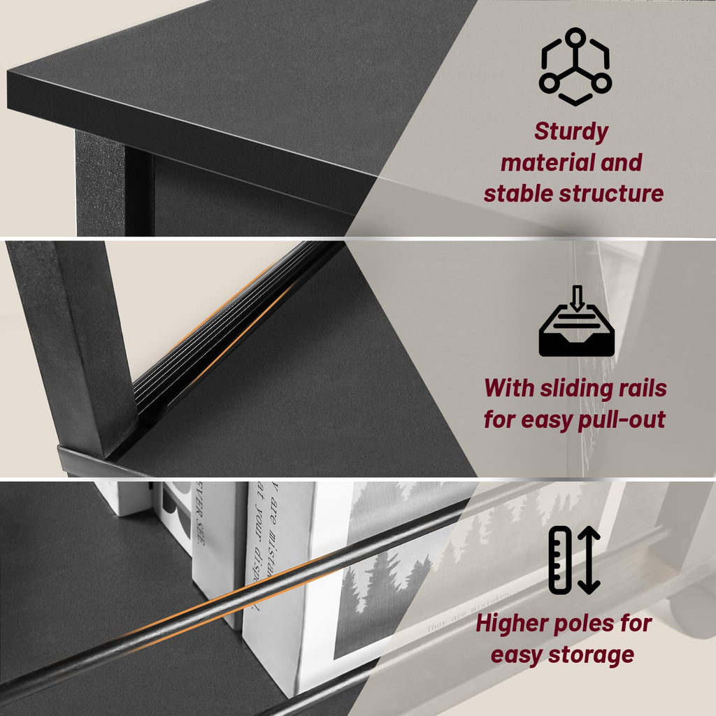 DGSANDGO 2 Pack Black Narrow End Side Table Slim Nightstand with Charging Station (2 USB + 1 AC Outlet), Fabric Drawer & Mute Wheels for Minimalist Small Spaces, Bedroom, Living Room, Office, Couch