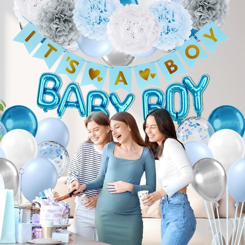 Blue Baby Shower Decorations with Grey Paper Pom Poms Metallic Silver Light Blue Balloons Banner for Gender Reveal Baby Shower Birthday Party Decorations