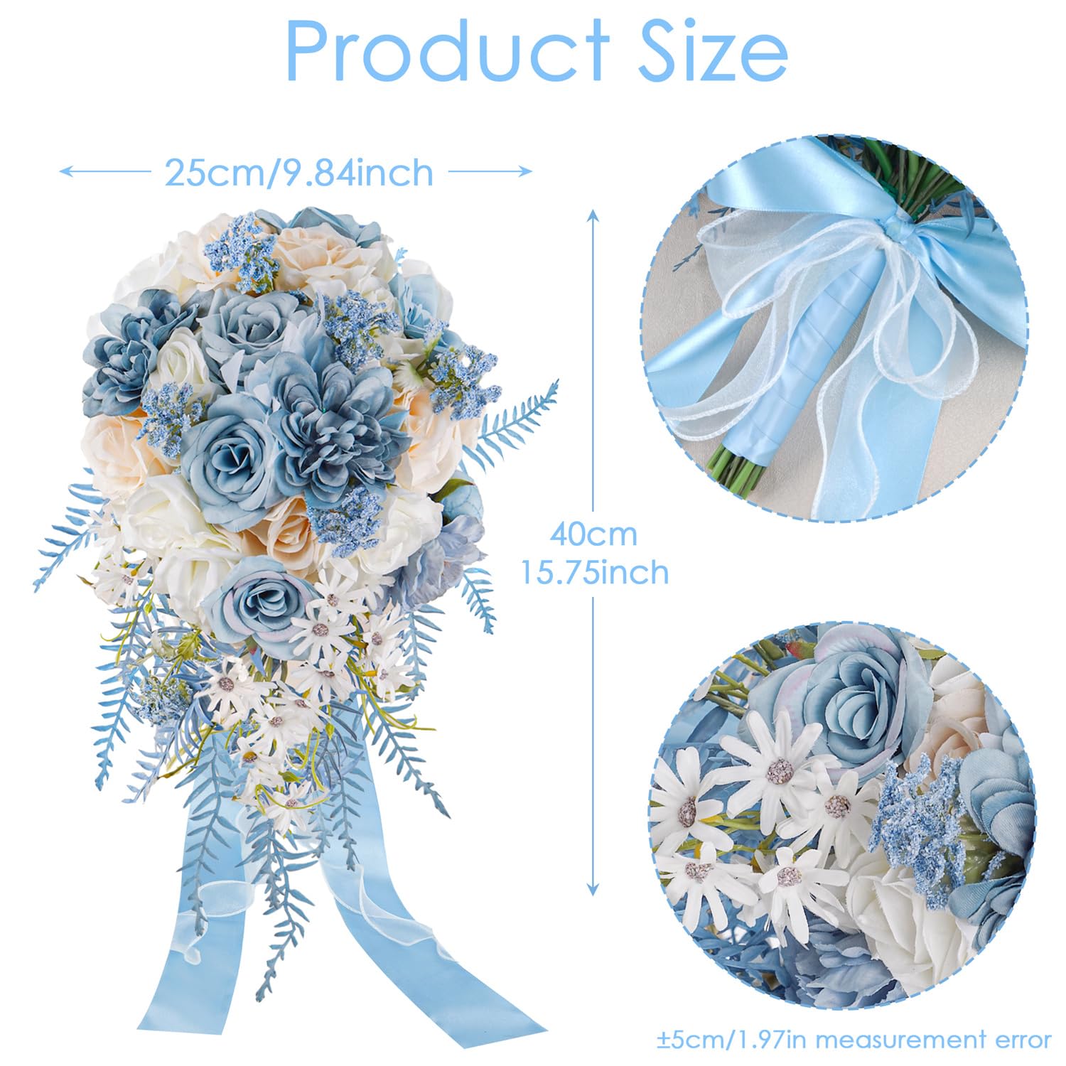 Dusty Blue Rose Bouquets for Bride Wedding White Navy Blue Champagne Cascading Bridal Bouquet Artificial Silk Flower Boho Rustic Ceremony Anniversary Decor Summer Fall Winter Wedding Toss Bouquet