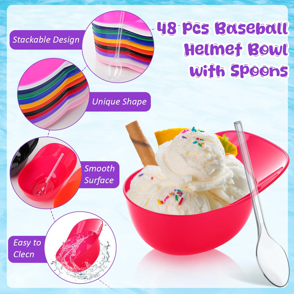 Honeydak 48 Pack Plastic Baseball Helmet Bowl with Spoons 8 oz Mini Ice Cream Dessert Baseball Cap Bowls Party Snack Cups for Birthday Party Decorations Supplies