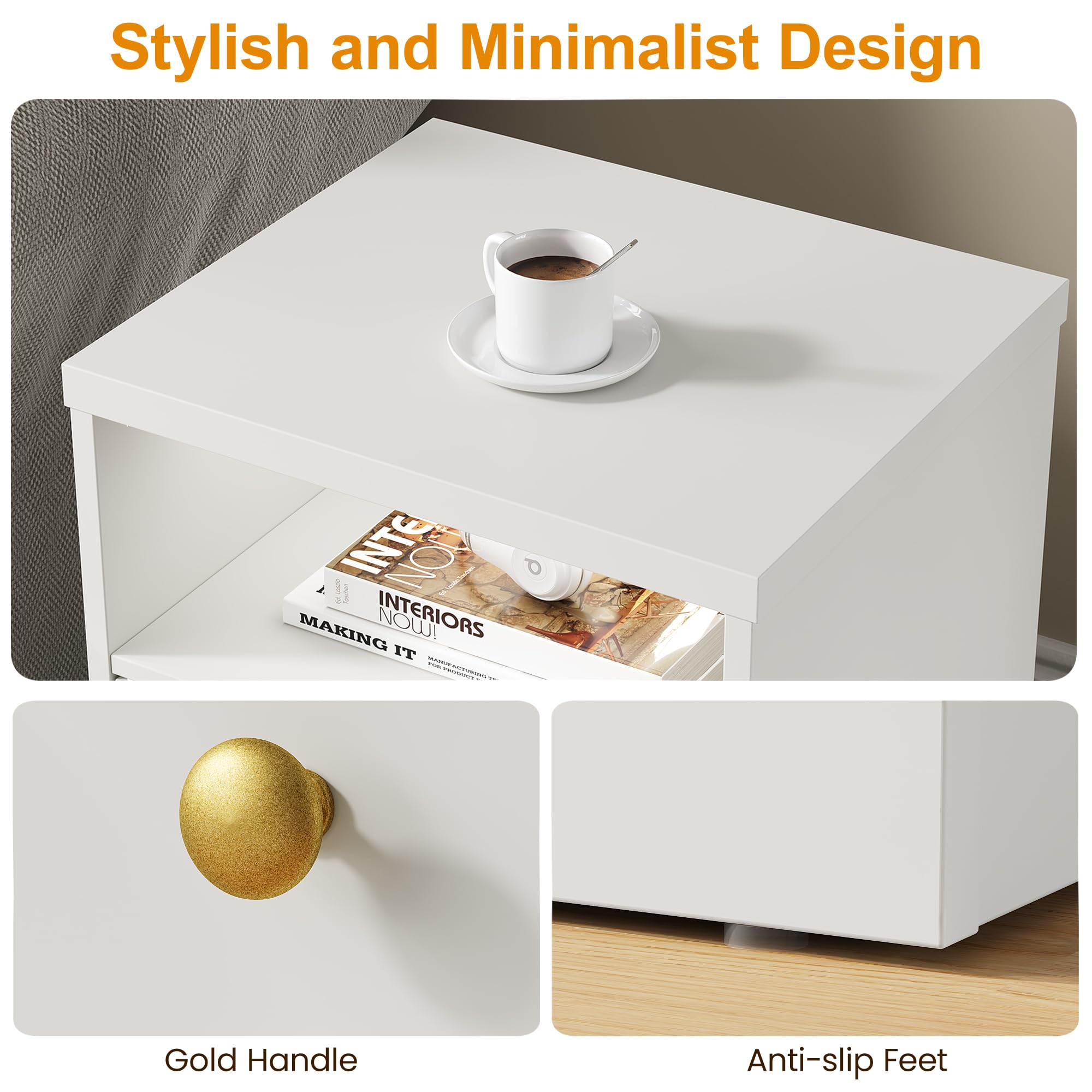 RoyalCraft White Nightstand with Storage Shelf and Door, Faux Two-Drawer Design Side Table, Modern Night Stand for Bedroom Dorm, Wood End Table for Small Spaces