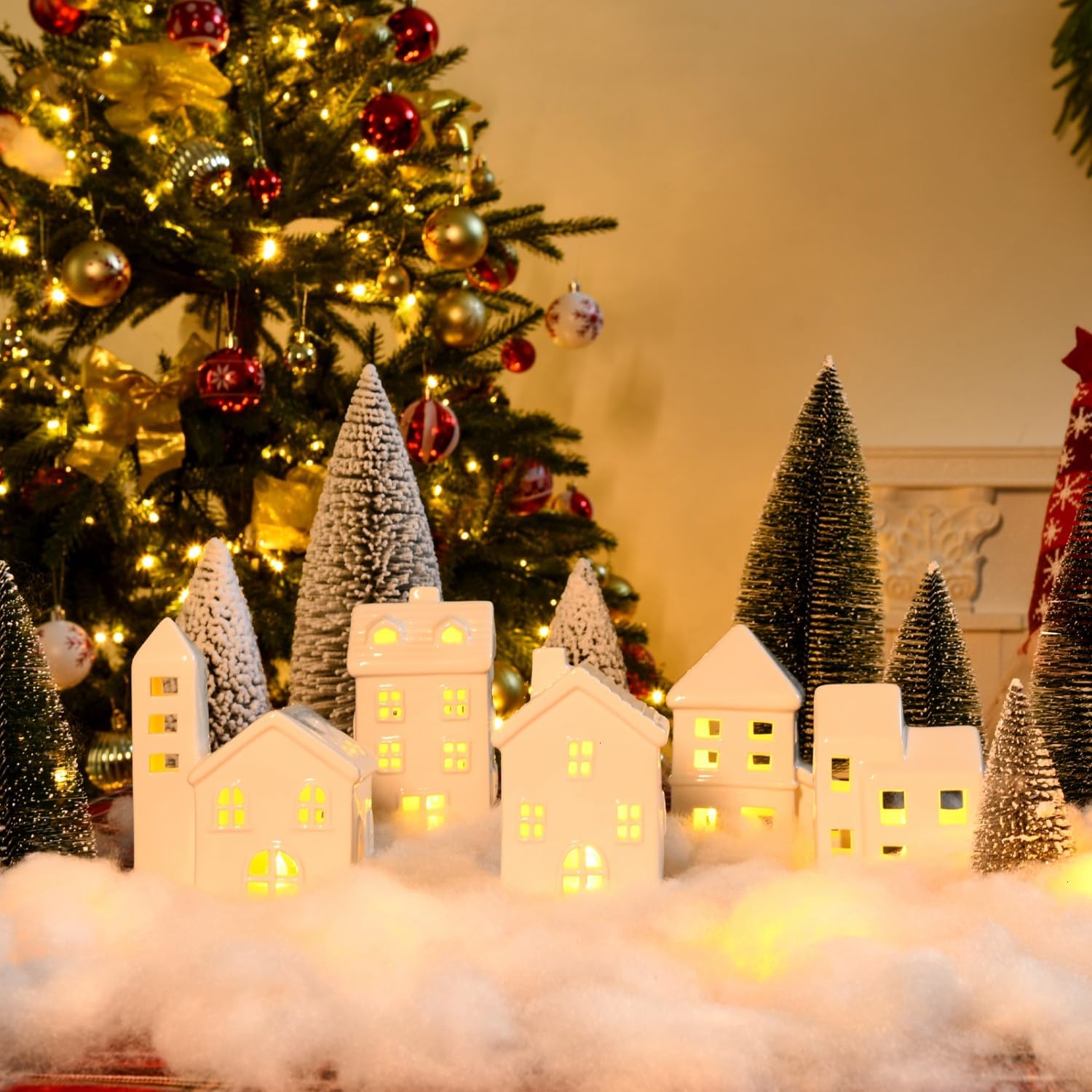 Regine Switzerland Ceramic Christmas Village Houses Set - 5 White Houses, 9 Trees & Fake Snow for Festive Home Decor