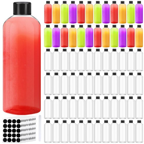 Dandat 100 Pcs Plastic Juice Bottles with Caps Clear Shot Bottles Bulk Empty Reusable Clear Beverage Containers with Lids, Label, Pen for Milk, Drinking, Potion, Ginger Shots, Whiskey(10 oz)