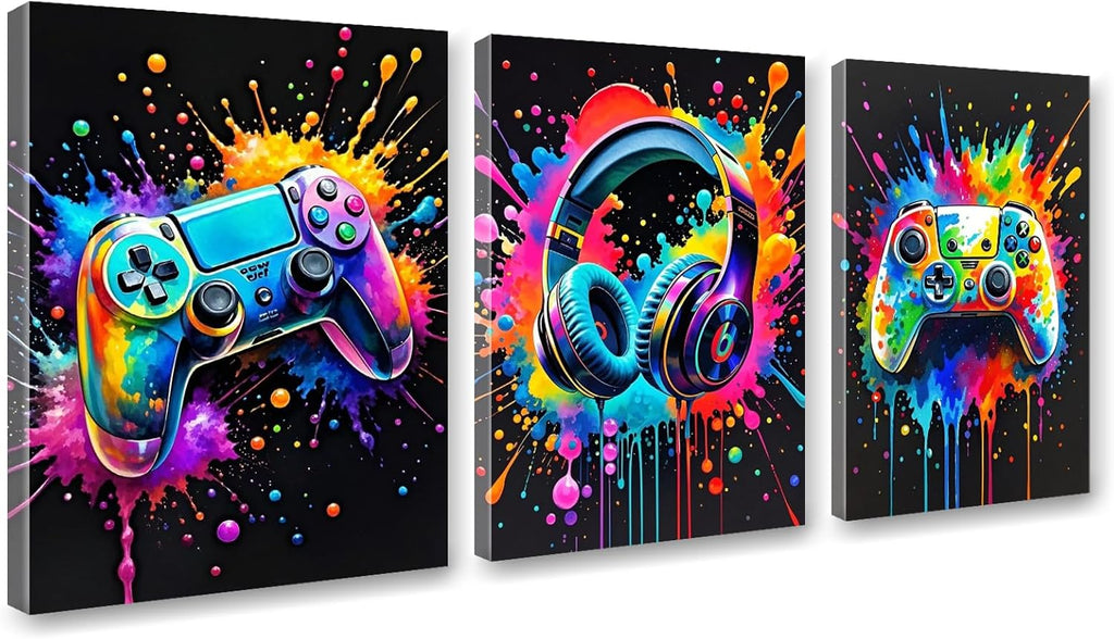 Skiennix Gaming Room Wall Art - Colorful Canvas Posters for Gamers | 12x16 Inch Framed Prints