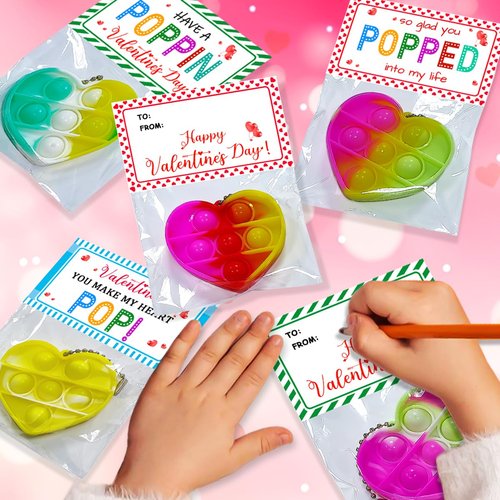 JUNQIU 30 Pack Valentines Day Gifts For Kids Classroom, Heart Pop It Keychain Bulk, Fidget Valentine For Toddler Class, Valentines Day Cards For Kids School Exchange