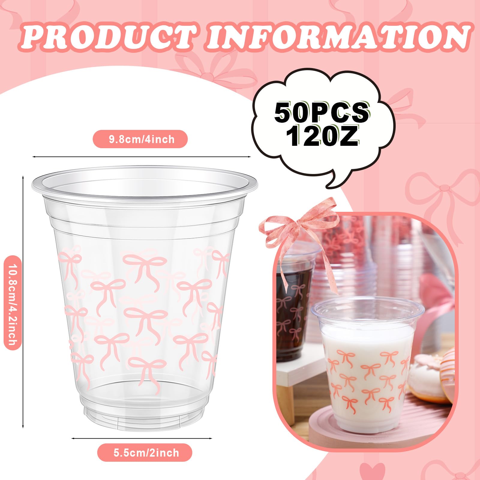 Yuxung 50 Pcs Pink Bow Snack Cups 12 oz Bow Plastic Cups Lovely Bowknot Tumbler for Just Wanna Be One Birthday Wedding Baby Shower Party Supplies