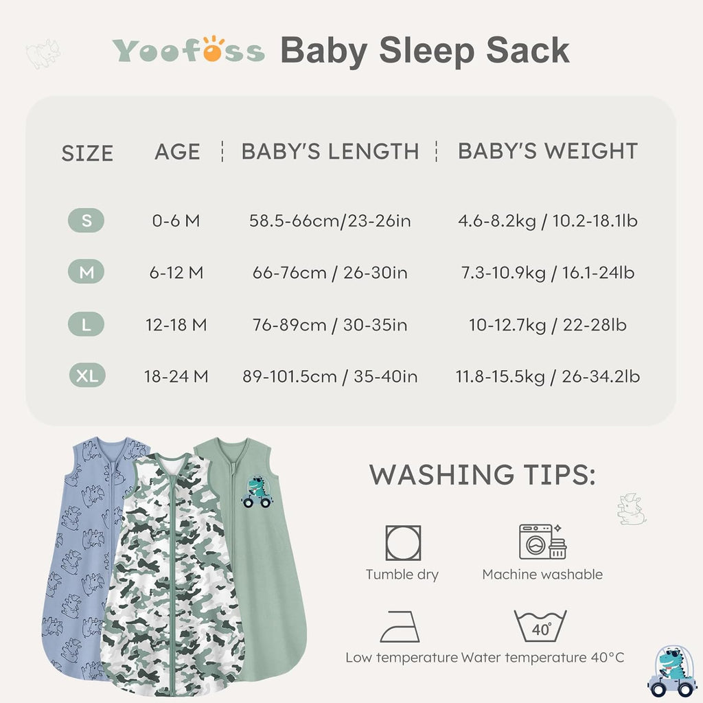 Yoofoss Baby Sleep Sack | 100% Organic Cotton Wearable Blanket for 0-6 Months | 2-Way Zipper, 3 Pack