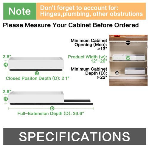 QUYUWU 2 Pack Pull out Cabinet Organizer,Extendable (12"-20") Heavy-Duty Pull-Out Drawers – Secured with Nano Adhesive Tape, Ideal for Cookware Storage, for Kitchen Base Cabinets (21" Dx12-20" W)