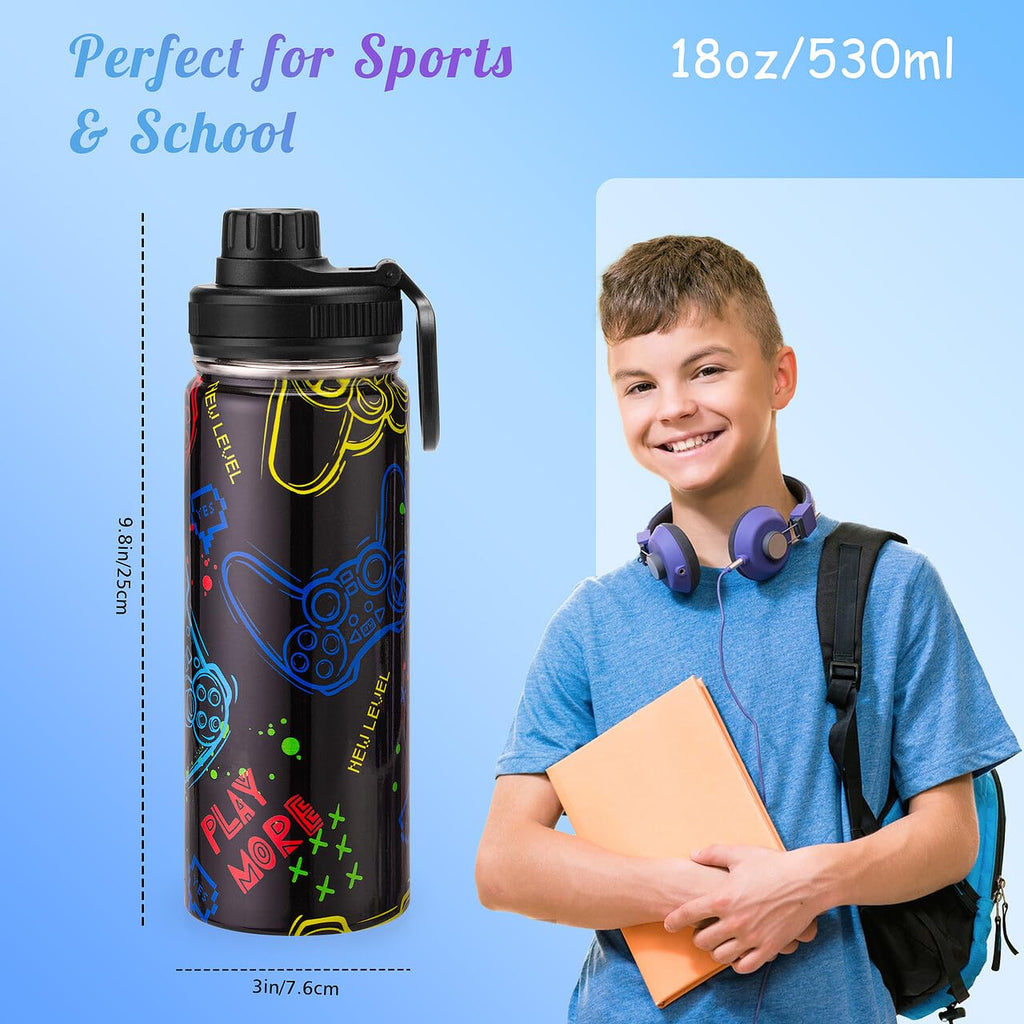 Skyflora 18oz Insulated Water Bottle with Straw Lid & Spout Lid, Game Controller, Gift for Kids Boys Girls Student Sports Travel Fitness Hiking Outdoors, Double Wall, Hands Wash Only, Black