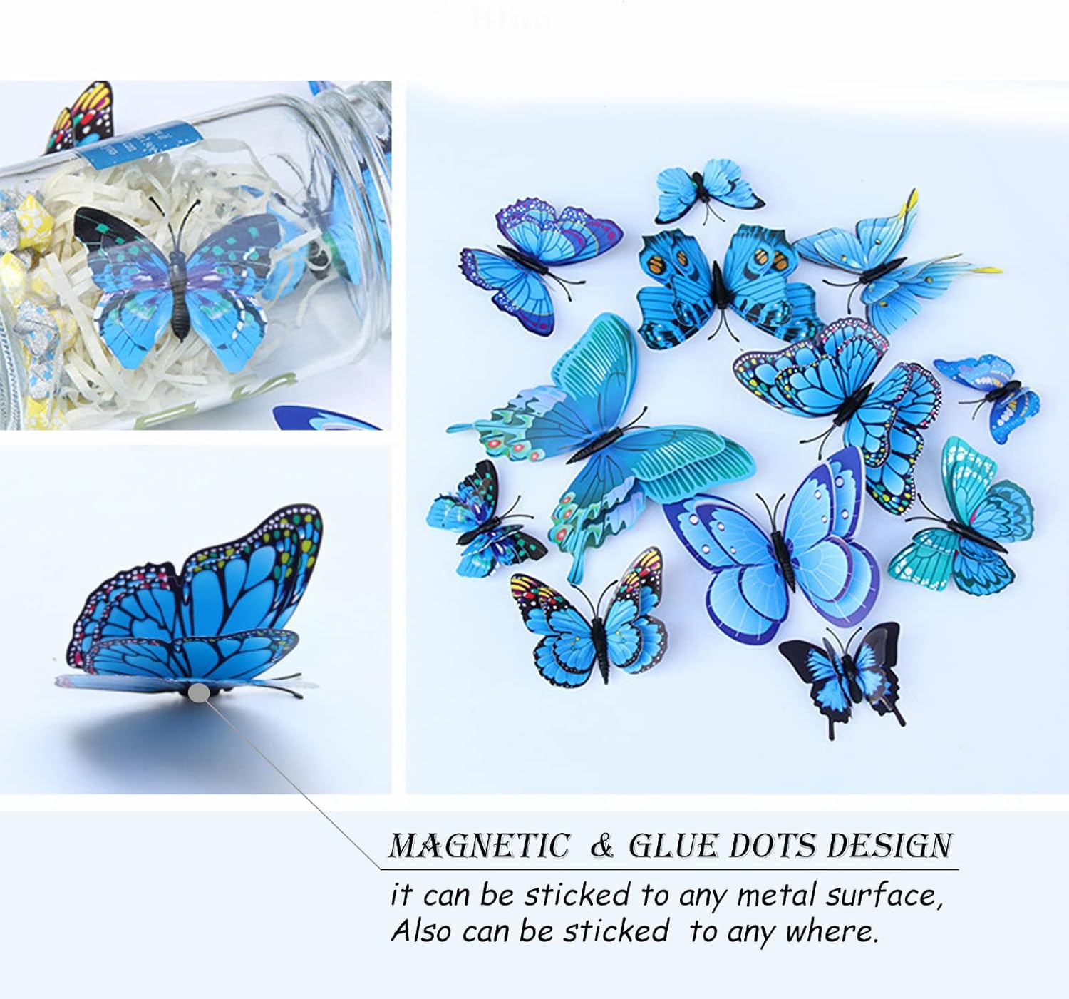 OPSEAM 3D Butterfly Wall Decor - 24 PCS Blue Butterfly Stickers with Magnets for Party Decorations