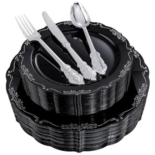 DaYammi 150 Pcs Black Silver Plastic Plates & Silver Plastic Silverware,Black silver Disposable plates for Include 30 Dinner Plate,30 Dessert Plate,30 Knives,30 Forks,30 Spoons for Party Wedding
